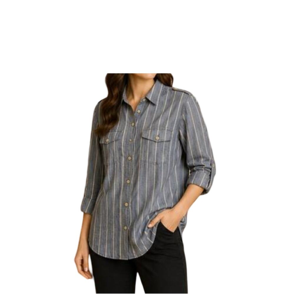 Karl Lagerfeld Shirt Women Size XL Blue Striped Button Up Collar Cotton Rayon